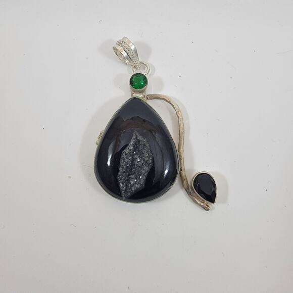 Handmade Silver Pendant with Black Druzy Agate, Onyx & Green Quartz - Picture 8 of 10